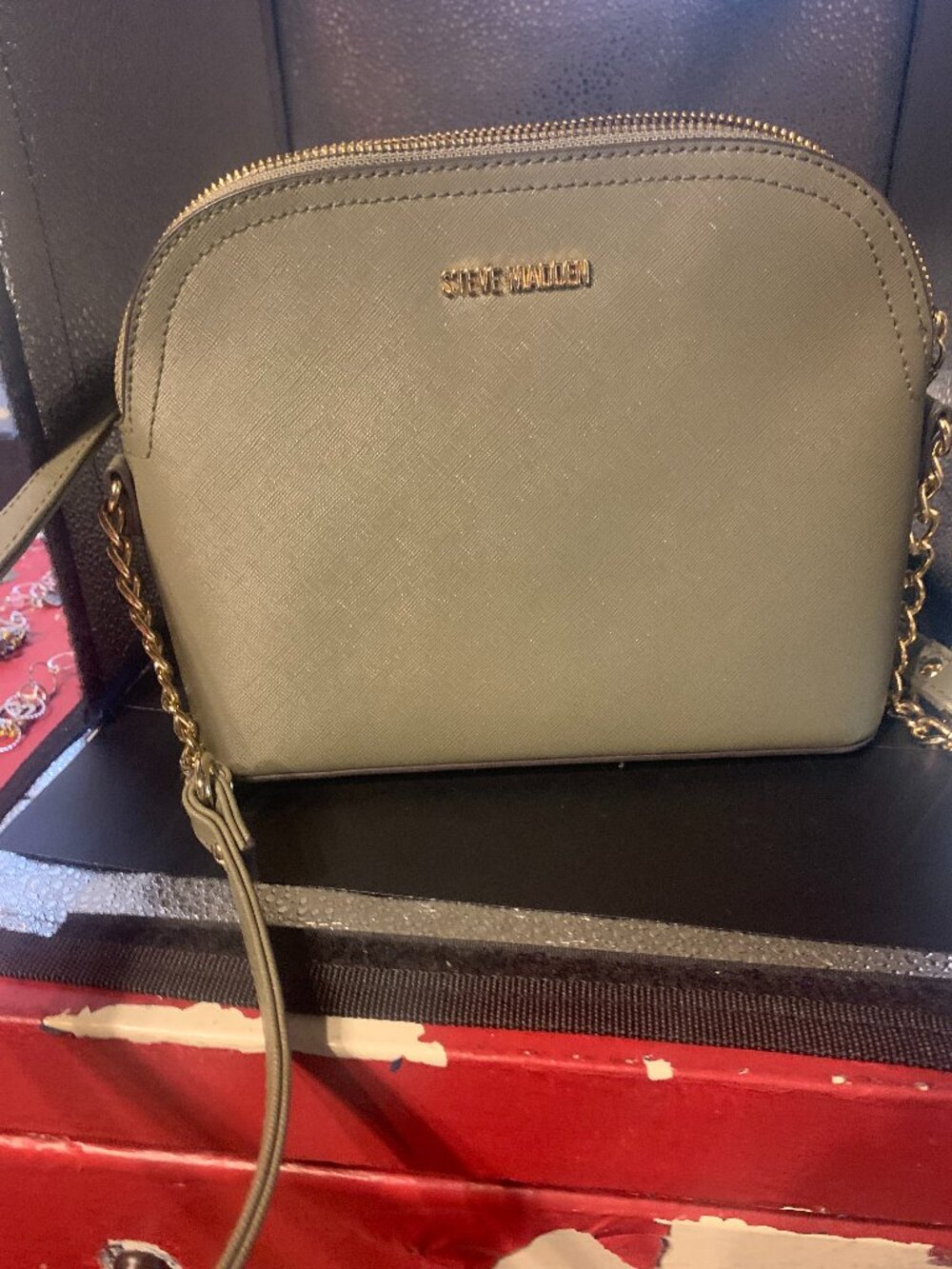 Steve Madden Grey Dome Crossbody Bag W Gold Lettering Brand